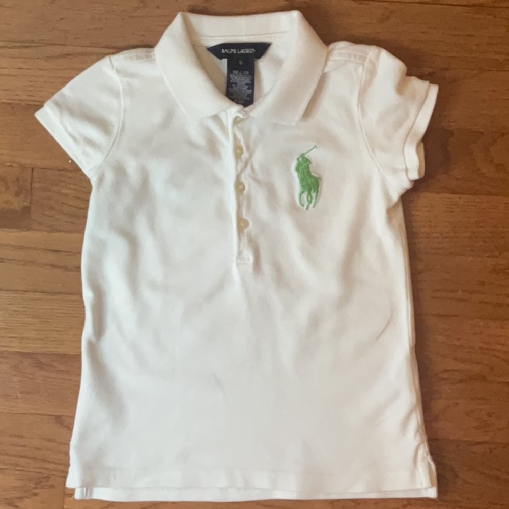 Ralph Lauren Girl’s Polo Shirt in White with Green Big Pony Logo